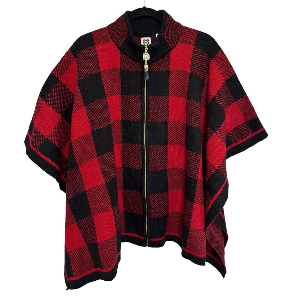 NEW Ann Klein Buffalo Check Full Zip Sweater Poncho - Size M